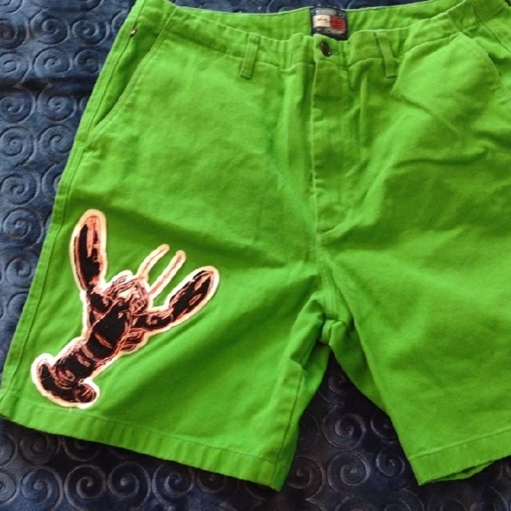 Vibrant Green Flat Front Men's Shorts with Lobster Patch